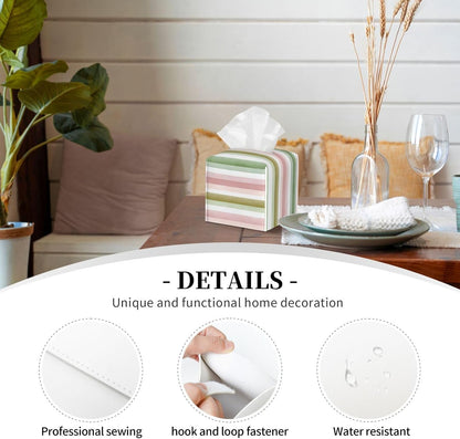 Pastel Pink Green Wide Stripe Pattern Tissue Box Cover Square Pu Leather Waterproof Tissue Box Holder for Car Bathroom Bedroom Office Tabletop Decor