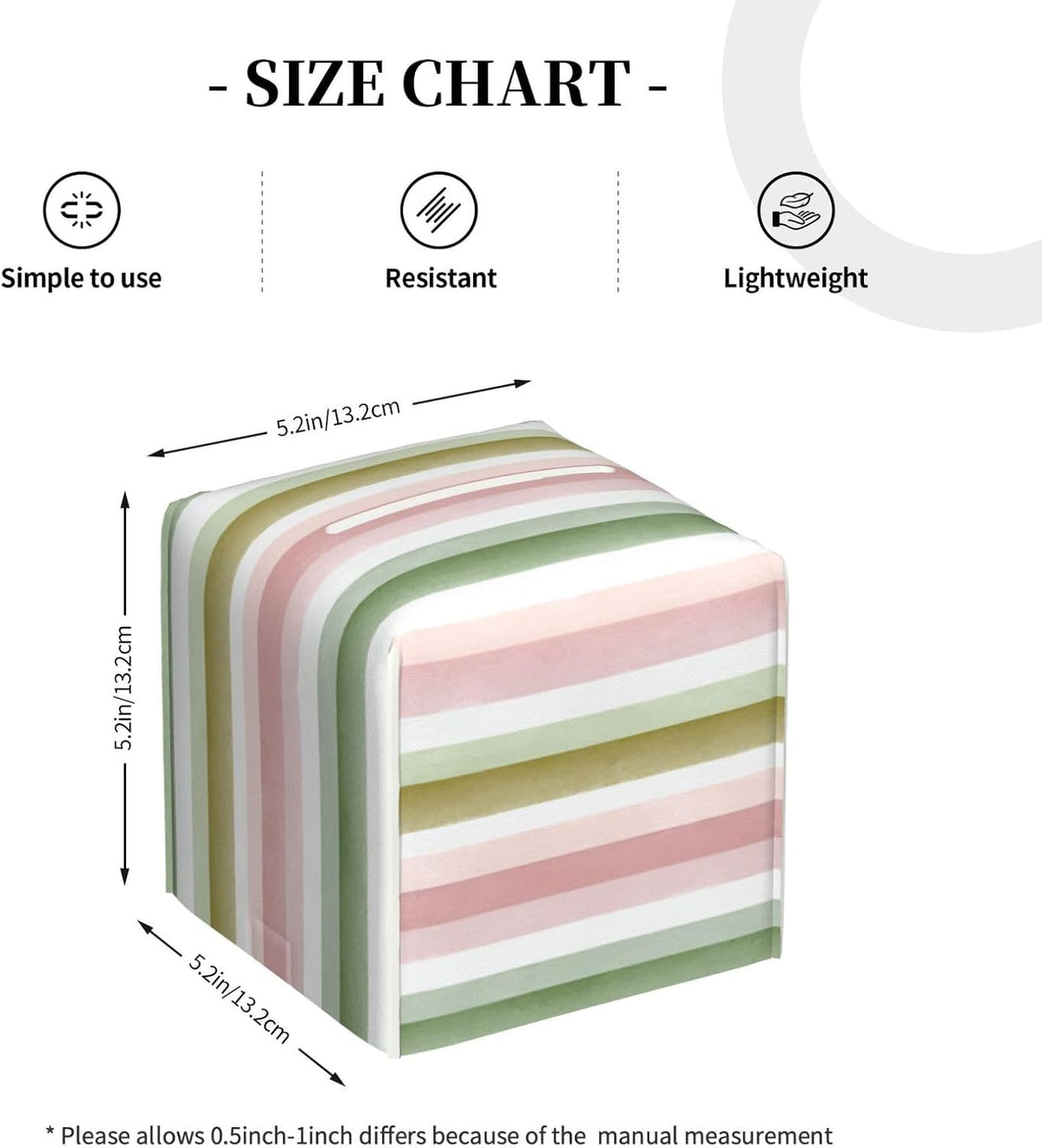 Pastel Pink Green Wide Stripe Pattern Tissue Box Cover Square Pu Leather Waterproof Tissue Box Holder for Car Bathroom Bedroom Office Tabletop Decor