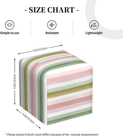 Pastel Pink Green Wide Stripe Pattern Tissue Box Cover Square Pu Leather Waterproof Tissue Box Holder for Car Bathroom Bedroom Office Tabletop Decor