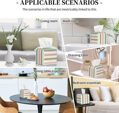 Pastel Pink Green Wide Stripe Pattern Tissue Box Cover Square Pu Leather Waterproof Tissue Box Holder for Car Bathroom Bedroom Office Tabletop Decor