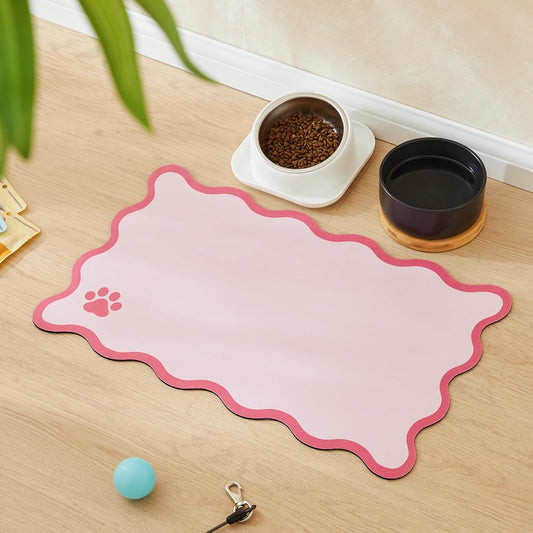 Scalloped Dog Feeding Mat, Absorbent Mats for Dog Food and Water Bowl, Dispenser, Feeder, Trendy Cute Aesthetic Pet Placemat for Dogs, Cats, Puppy Accessories Pink, 12" x 19"