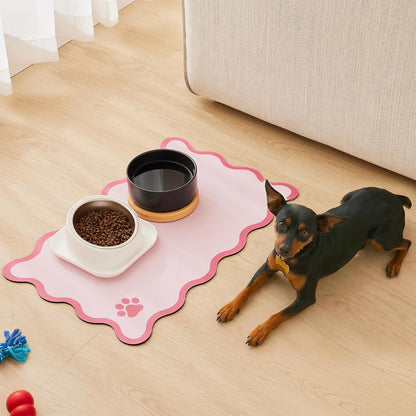 Scalloped Dog Feeding Mat, Absorbent Mats for Dog Food and Water Bowl, Dispenser, Feeder, Trendy Cute Aesthetic Pet Placemat for Dogs, Cats, Puppy Accessories Pink, 12" x 19"