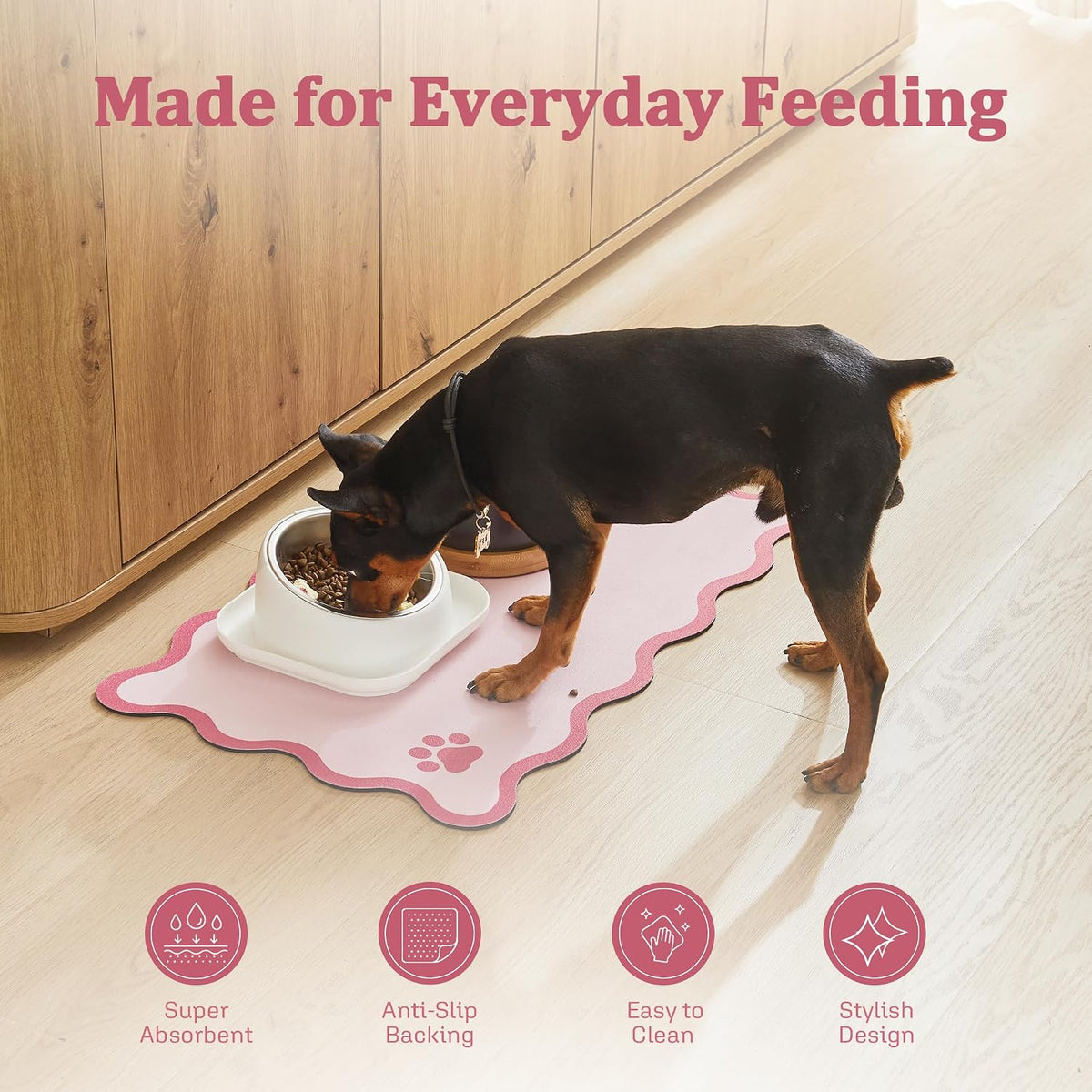 Scalloped Dog Feeding Mat, Absorbent Mats for Dog Food and Water Bowl, Dispenser, Feeder, Trendy Cute Aesthetic Pet Placemat for Dogs, Cats, Puppy Accessories Pink, 12" x 19"