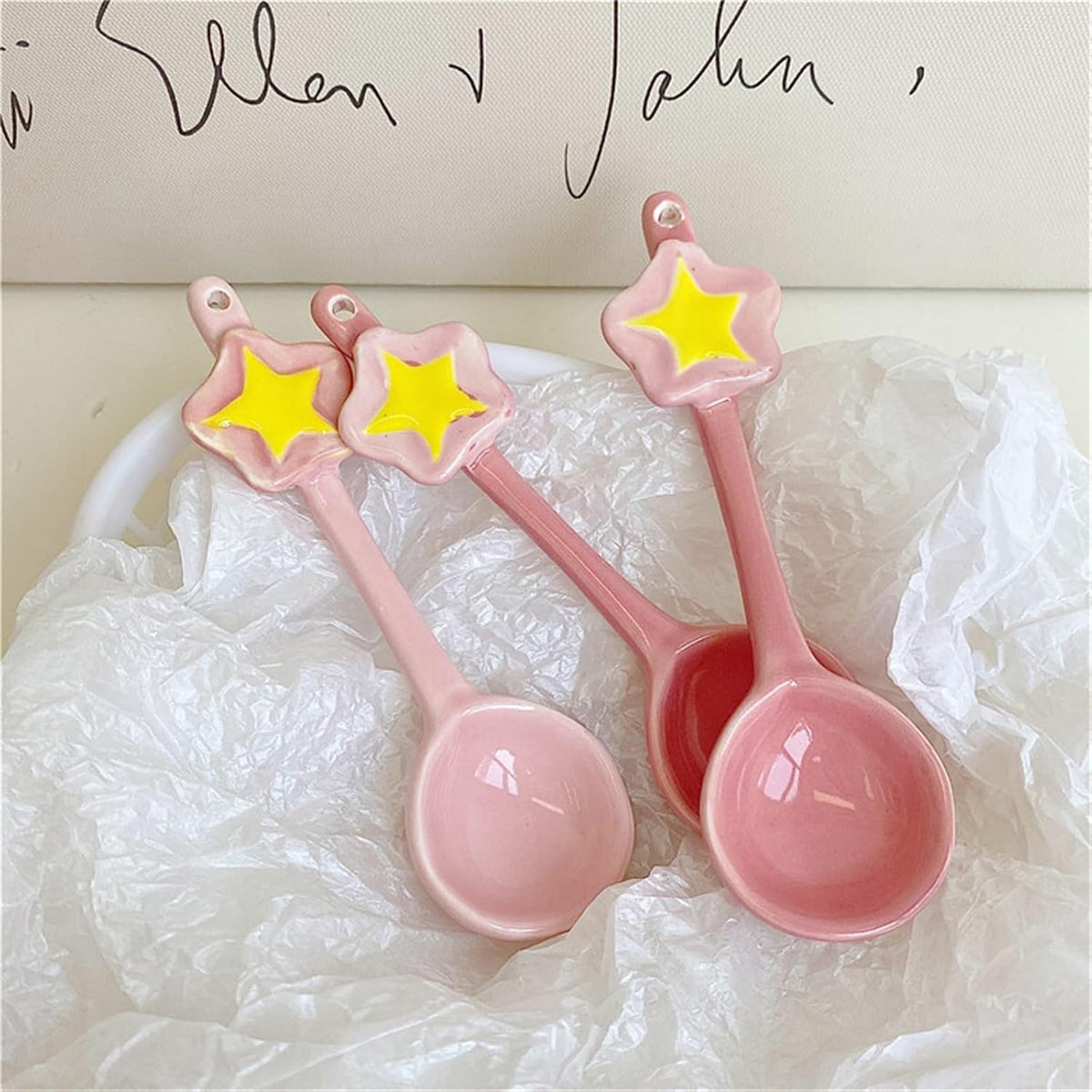 Soup Spoon 2-Piece Pink Coffee Spoons Cute Ceramics Teaspoons with Long Handle, 5.9"" Demitasse Espresso Spoons Set Porcelain Small Serving Spoons for Dessert Ice Cream Scoop(Color:Light pink)