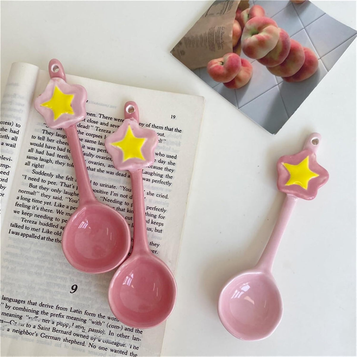 Soup Spoon 2-Piece Pink Coffee Spoons Cute Ceramics Teaspoons with Long Handle, 5.9"" Demitasse Espresso Spoons Set Porcelain Small Serving Spoons for Dessert Ice Cream Scoop(Color:Light pink)