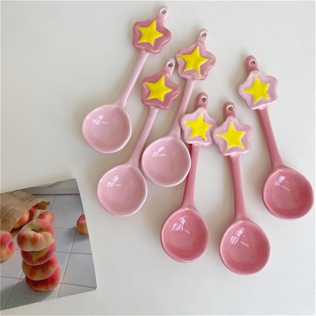 Soup Spoon 2-Piece Pink Coffee Spoons Cute Ceramics Teaspoons with Long Handle, 5.9"" Demitasse Espresso Spoons Set Porcelain Small Serving Spoons for Dessert Ice Cream Scoop(Color:Light pink)