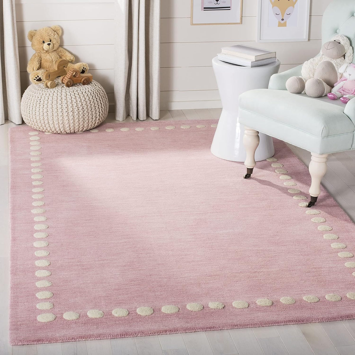 Kids Collection Area Rug - 5' x 8', Pink, Handmade Polka Dot Border Wool, Ideal for High Traffic Areas in Living Room, Bedroom (SFK802U)
