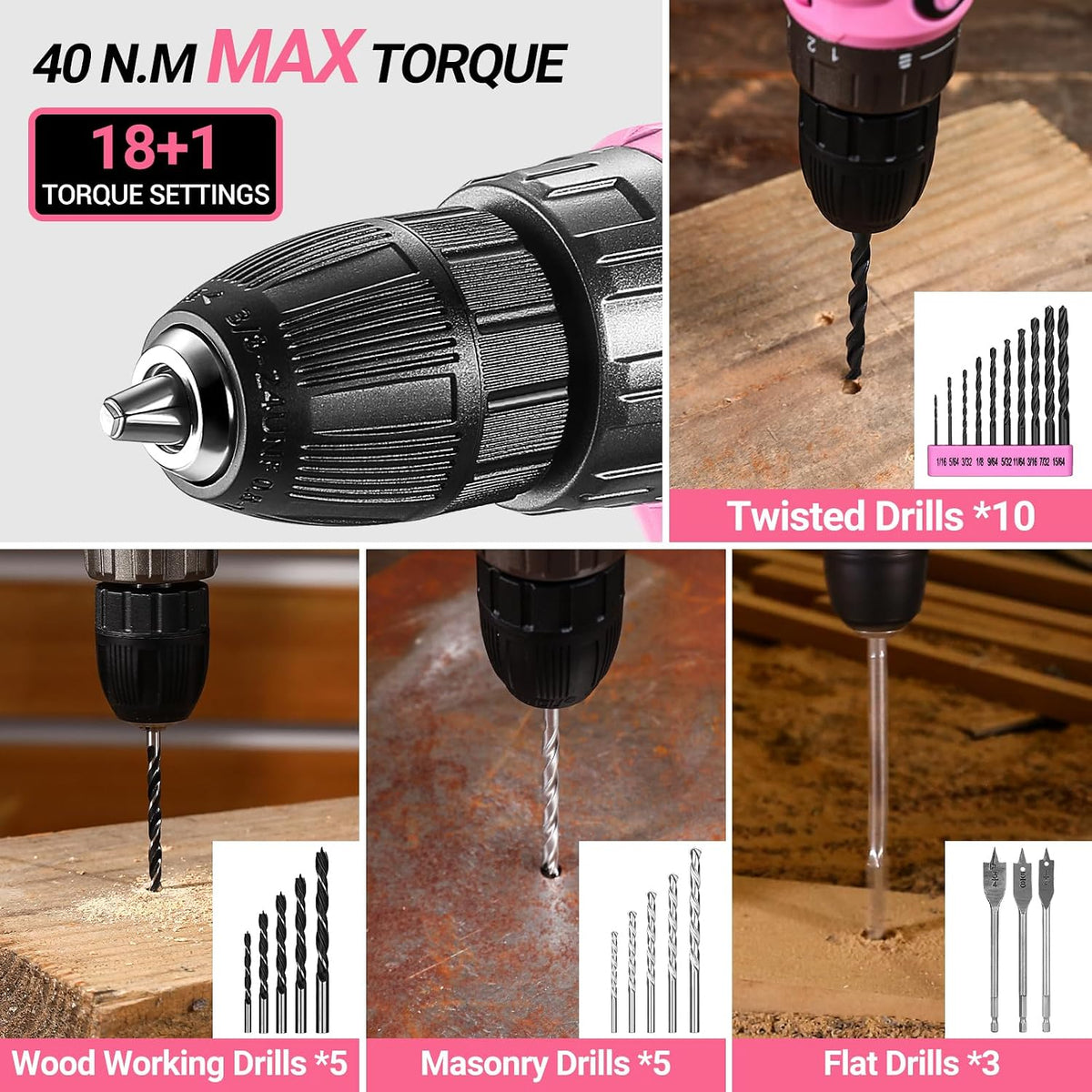 Pink Power Drill Tool Kit Set: 20V Cordless Electric Drill, Driver, Tool Box with Battery