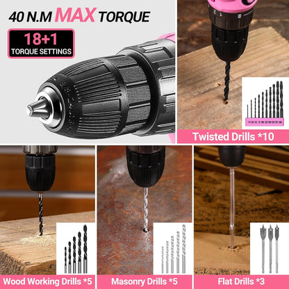 Pink Power Drill Tool Kit Set: 20V Cordless Electric Drill, Driver, Tool Box with Battery