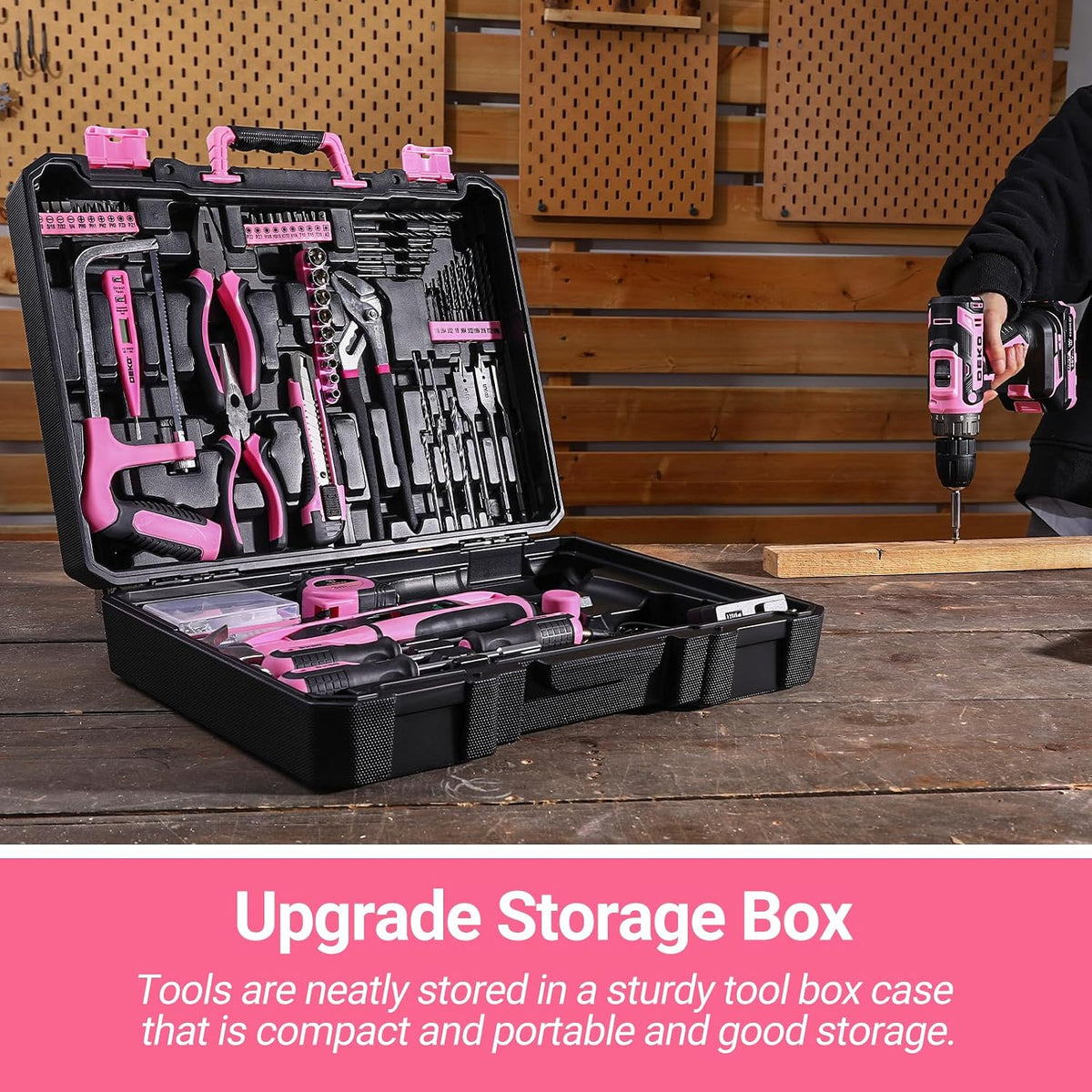 Pink Power Drill Tool Kit Set: 20V Cordless Electric Drill, Driver, Tool Box with Battery