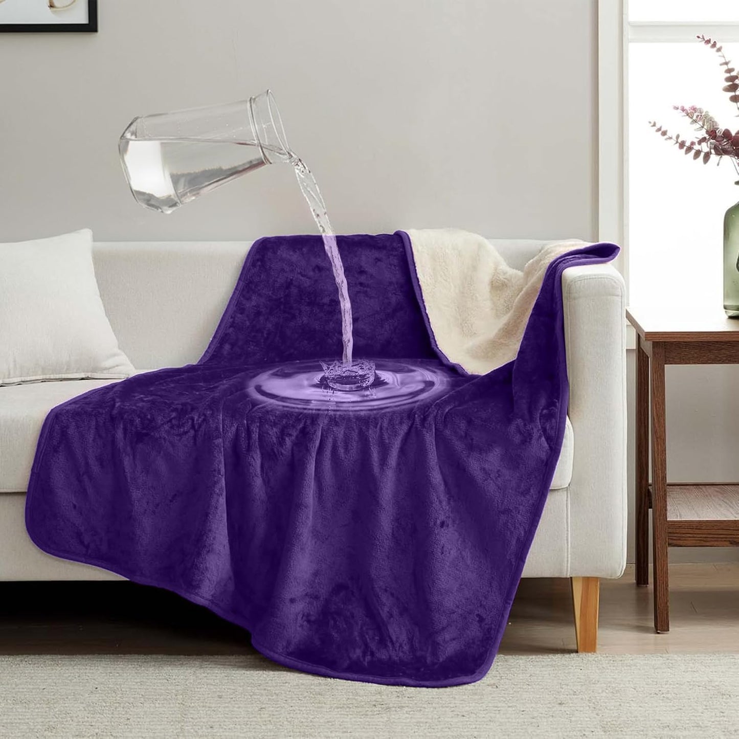 Waterproof Blanket for Bed, Couch & Sofa, Reversible Sherpa & Flannel Throw Blanket, Leakproof Soft Washable Furniture Protector for Pets & Home (Purple, 60"x80")