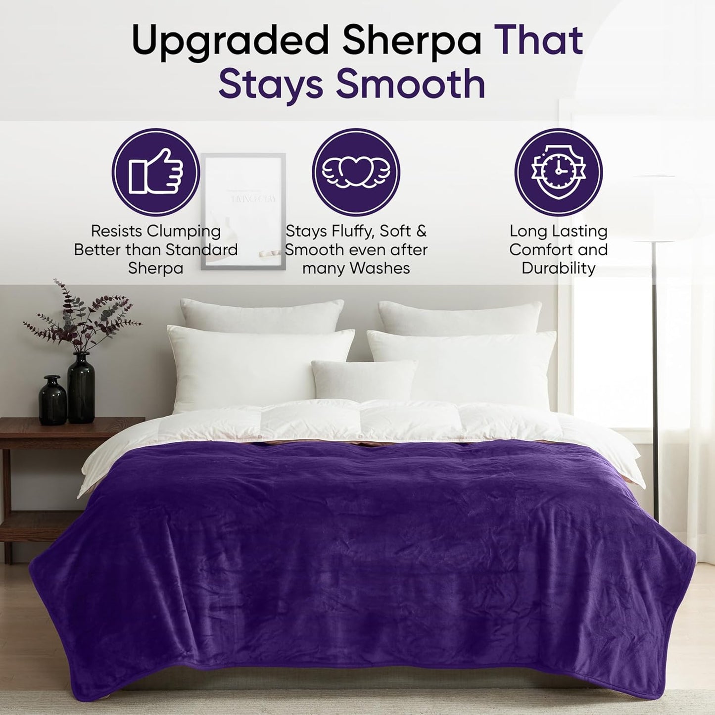 Waterproof Blanket for Bed, Couch & Sofa, Reversible Sherpa & Flannel Throw Blanket, Leakproof Soft Washable Furniture Protector for Pets & Home (Purple, 60"x80")