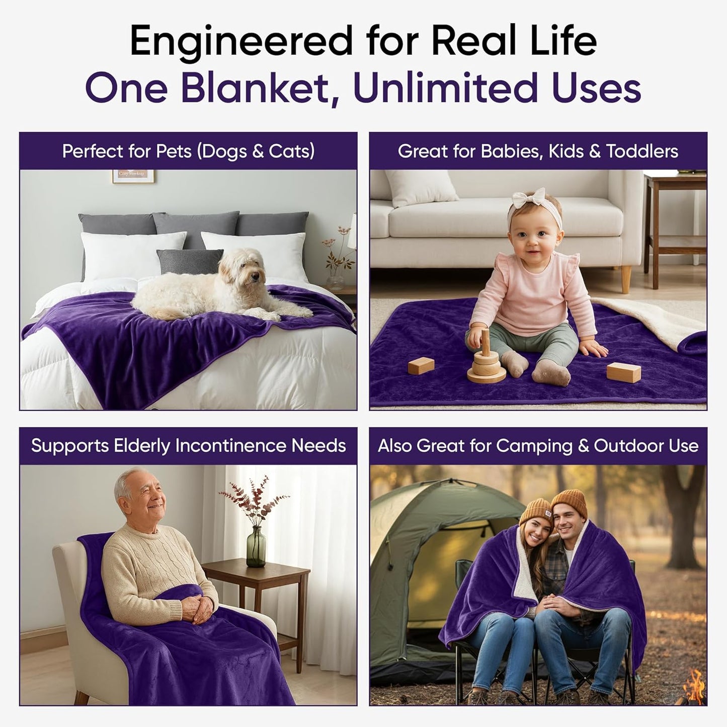Waterproof Blanket for Bed, Couch & Sofa, Reversible Sherpa & Flannel Throw Blanket, Leakproof Soft Washable Furniture Protector for Pets & Home (Purple, 60"x80")
