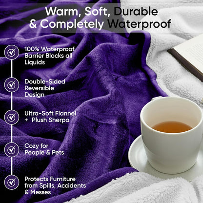 Waterproof Blanket for Bed, Couch & Sofa, Reversible Sherpa & Flannel Throw Blanket, Leakproof Soft Washable Furniture Protector for Pets & Home (Purple, 60"x80")