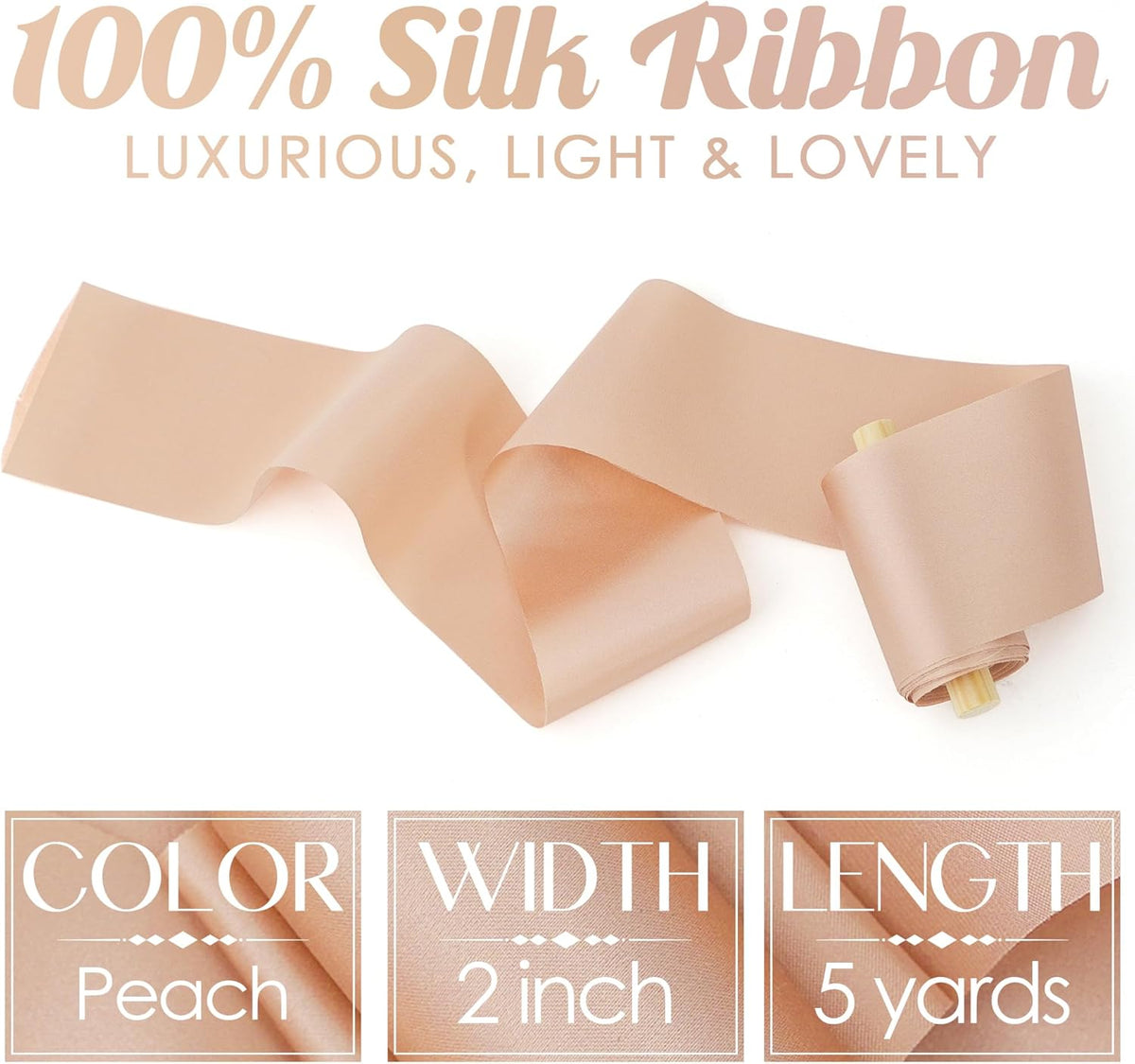 Peach Silk Ribbon - 2 Inch Silk Satin Ribbon, 5 Yards On Spool, Perfect for Crafts, Wedding Decor, Flower Bouquet, Bridal Shower Decor