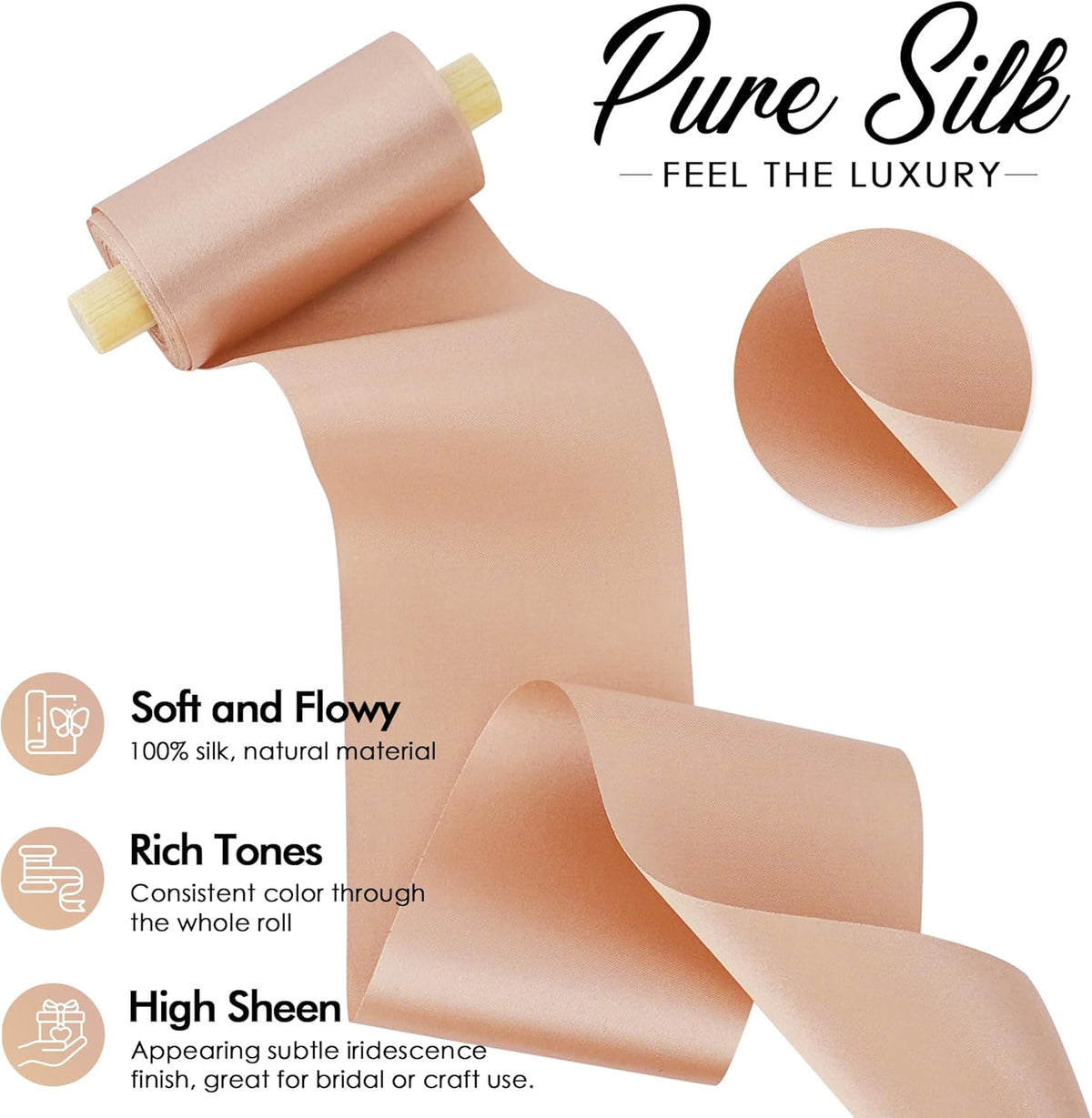 Peach Silk Ribbon - 2 Inch Silk Satin Ribbon, 5 Yards On Spool, Perfect for Crafts, Wedding Decor, Flower Bouquet, Bridal Shower Decor