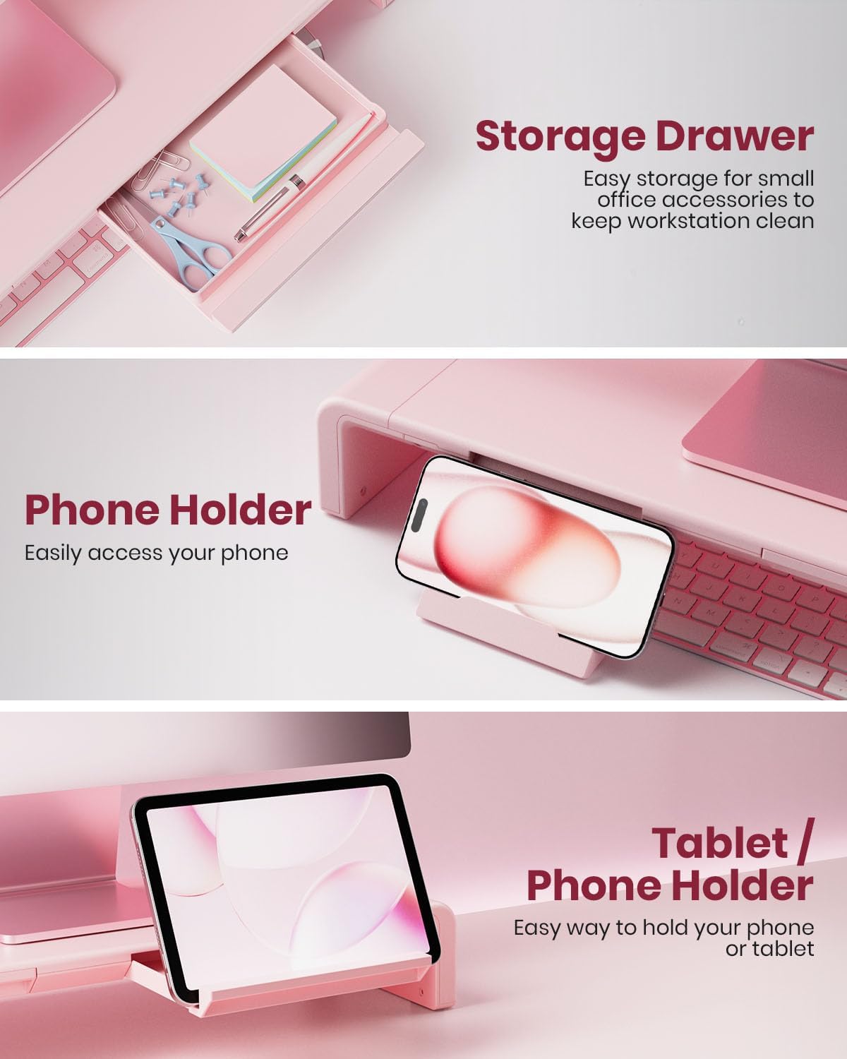 Pink Monitor Stand Riser, Klearlook Foldable, Height Adjustable Computer Stand, Desk Shelf Riser with Storage Drawer &Tablet Phone Stand for Desktop, Laptop