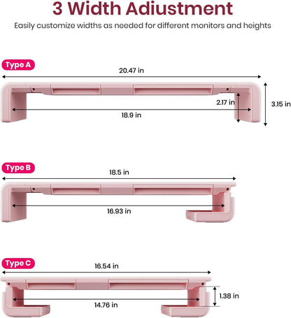 Pink Monitor Stand Riser, Klearlook Foldable, Height Adjustable Computer Stand, Desk Shelf Riser with Storage Drawer &Tablet Phone Stand for Desktop, Laptop