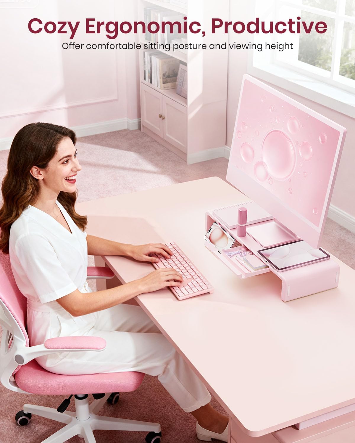 Pink Monitor Stand Riser, Klearlook Foldable, Height Adjustable Computer Stand, Desk Shelf Riser with Storage Drawer &Tablet Phone Stand for Desktop, Laptop