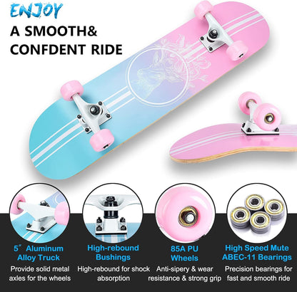 Skateboard,31 x 8 Inch Complete Skateboard, 8-Layer Maple Wood Deck Double Kick Standard Skateboards for Kids, Teens, Adult, Beginner