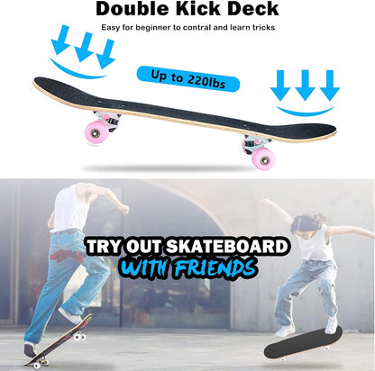 Skateboard,31 x 8 Inch Complete Skateboard, 8-Layer Maple Wood Deck Double Kick Standard Skateboards for Kids, Teens, Adult, Beginner
