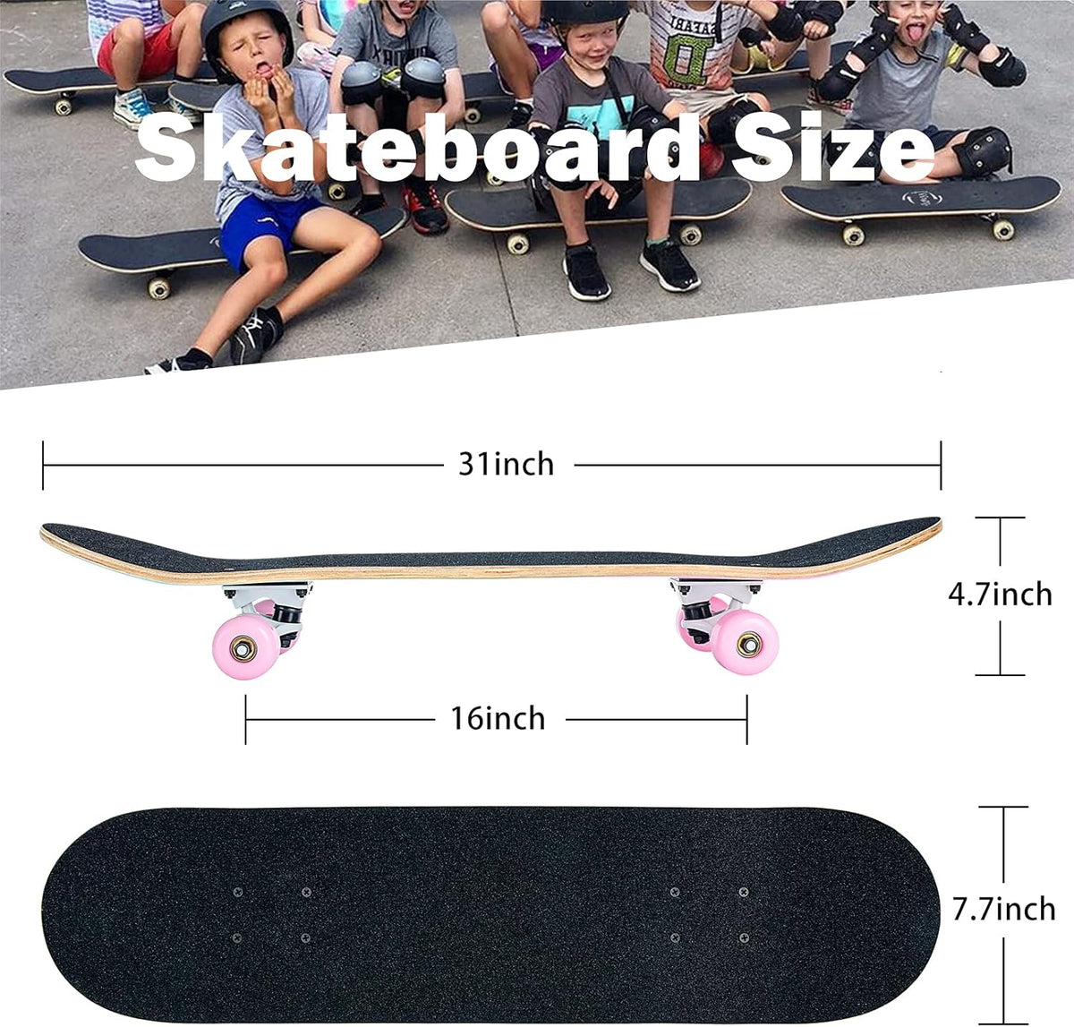 Skateboard,31 x 8 Inch Complete Skateboard, 8-Layer Maple Wood Deck Double Kick Standard Skateboards for Kids, Teens, Adult, Beginner