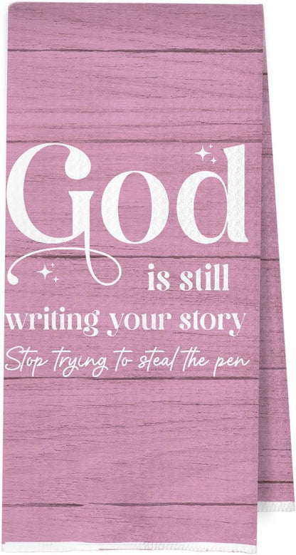 God is Still Writing Your Story - Girly Room Decor, Christian Gifts Waffle Decorative Dish Towels for Kitchen Prayer Room, Christian Gifts Hand Towel, Bible Tea Towel, 16x24 Inches- Pink