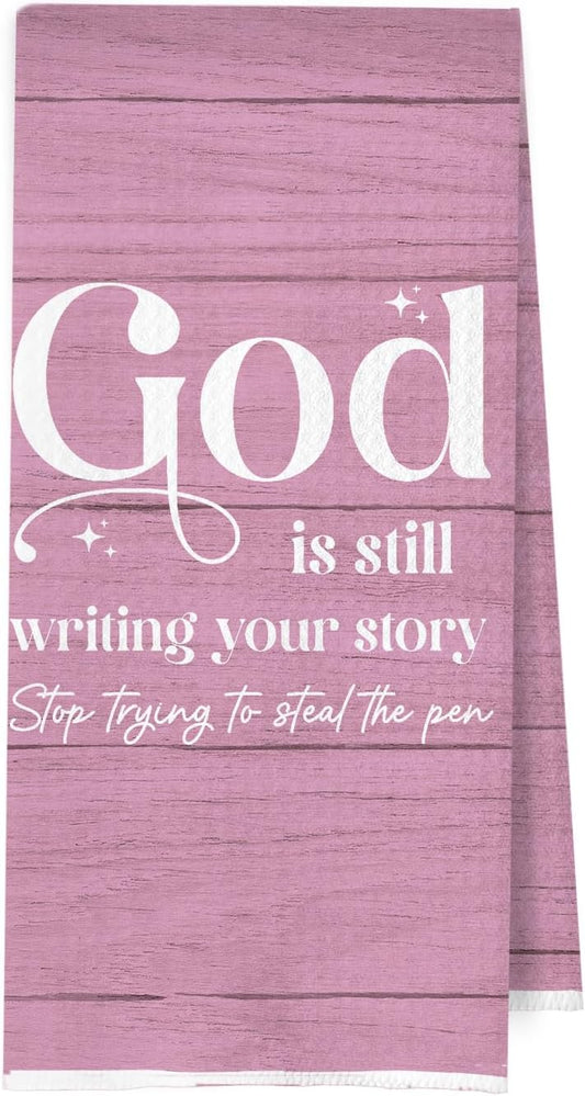 God is Still Writing Your Story - Girly Room Decor, Christian Gifts Waffle Decorative Dish Towels for Kitchen Prayer Room, Christian Gifts Hand Towel, Bible Tea Towel, 16x24 Inches- Pink