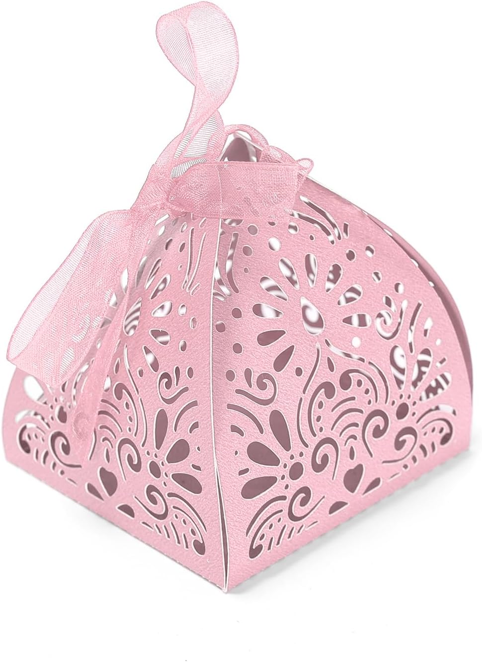 Ruimou 50pcs Pearl Paper Pink Laser Cut Hollow Out DIY Candy Box (6x6x8cm) For Wedding, Birthday, Graduation, Party (Pink)