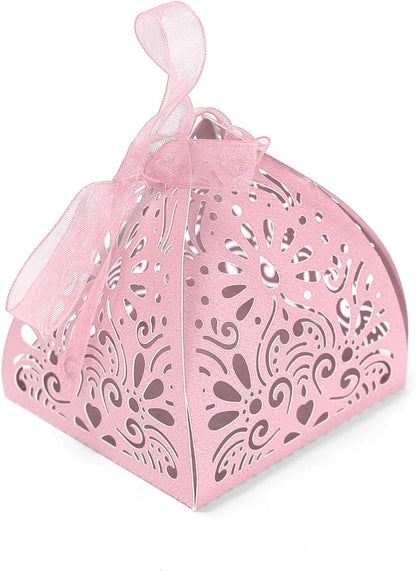 Ruimou 50pcs Pearl Paper Pink Laser Cut Hollow Out DIY Candy Box (6x6x8cm) For Wedding, Birthday, Graduation, Party (Pink)