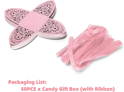 Ruimou 50pcs Pearl Paper Pink Laser Cut Hollow Out DIY Candy Box (6x6x8cm) For Wedding, Birthday, Graduation, Party (Pink)