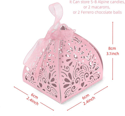 Ruimou 50pcs Pearl Paper Pink Laser Cut Hollow Out DIY Candy Box (6x6x8cm) For Wedding, Birthday, Graduation, Party (Pink)
