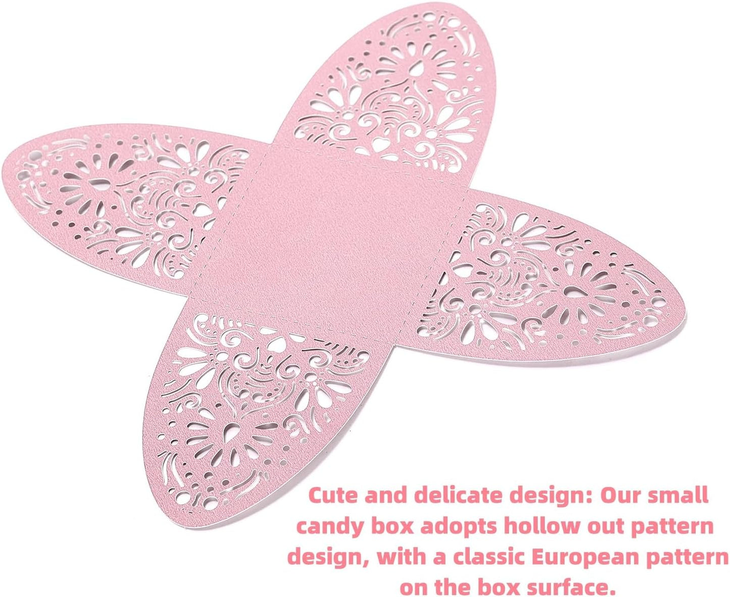 Ruimou 50pcs Pearl Paper Pink Laser Cut Hollow Out DIY Candy Box (6x6x8cm) For Wedding, Birthday, Graduation, Party (Pink)