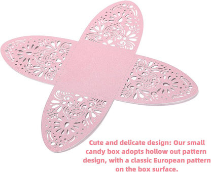Ruimou 50pcs Pearl Paper Pink Laser Cut Hollow Out DIY Candy Box (6x6x8cm) For Wedding, Birthday, Graduation, Party (Pink)