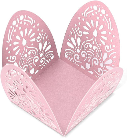 Ruimou 50pcs Pearl Paper Pink Laser Cut Hollow Out DIY Candy Box (6x6x8cm) For Wedding, Birthday, Graduation, Party (Pink)