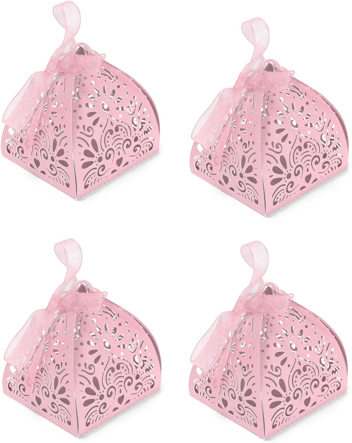 Ruimou 50pcs Pearl Paper Pink Laser Cut Hollow Out DIY Candy Box (6x6x8cm) For Wedding, Birthday, Graduation, Party (Pink)