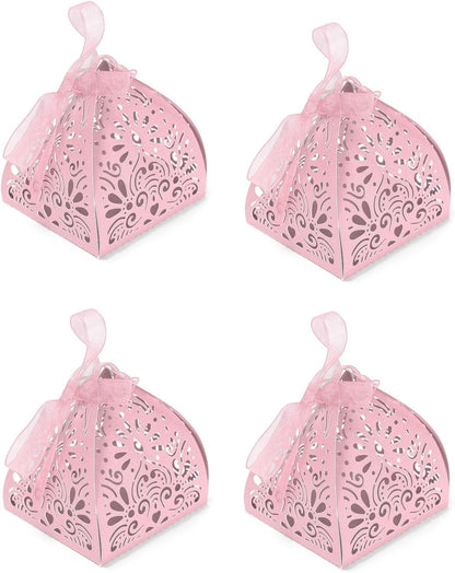 Ruimou 50pcs Pearl Paper Pink Laser Cut Hollow Out DIY Candy Box (6x6x8cm) For Wedding, Birthday, Graduation, Party (Pink)