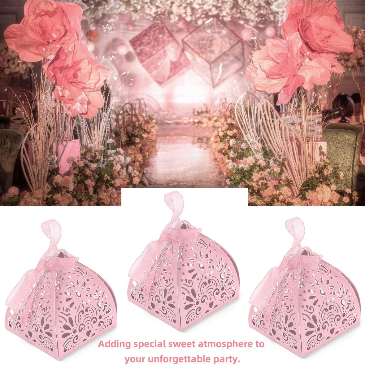 Ruimou 50pcs Pearl Paper Pink Laser Cut Hollow Out DIY Candy Box (6x6x8cm) For Wedding, Birthday, Graduation, Party (Pink)