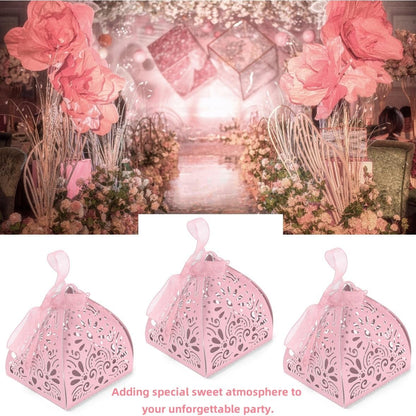 Ruimou 50pcs Pearl Paper Pink Laser Cut Hollow Out DIY Candy Box (6x6x8cm) For Wedding, Birthday, Graduation, Party (Pink)