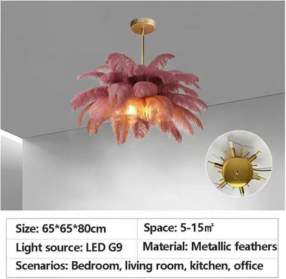 Feather Chandelier, Pink Fluffy Lampshade Modern LED Pendant Light 6-Lights 4500K, Naturel Feather Ceiling Light, for Living Room Bedroom Kids Room Home Creative Decor, φ-65cm