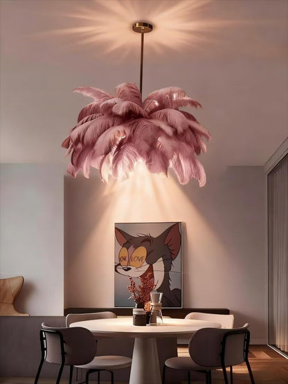 Feather Chandelier, Pink Fluffy Lampshade Modern LED Pendant Light 6-Lights 4500K, Naturel Feather Ceiling Light, for Living Room Bedroom Kids Room Home Creative Decor, φ-65cm