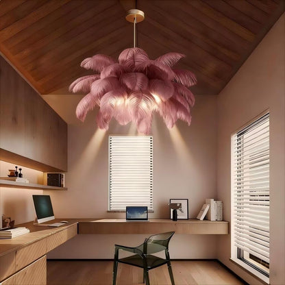 Feather Chandelier, Pink Fluffy Lampshade Modern LED Pendant Light 6-Lights 4500K, Naturel Feather Ceiling Light, for Living Room Bedroom Kids Room Home Creative Decor, φ-65cm