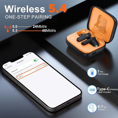 Wireless Earbuds Bluetooth 5.4 Headphones, Touch Screen, Call ENC Noise Cancelling, USB Charging Case for iPhone/Android, Black