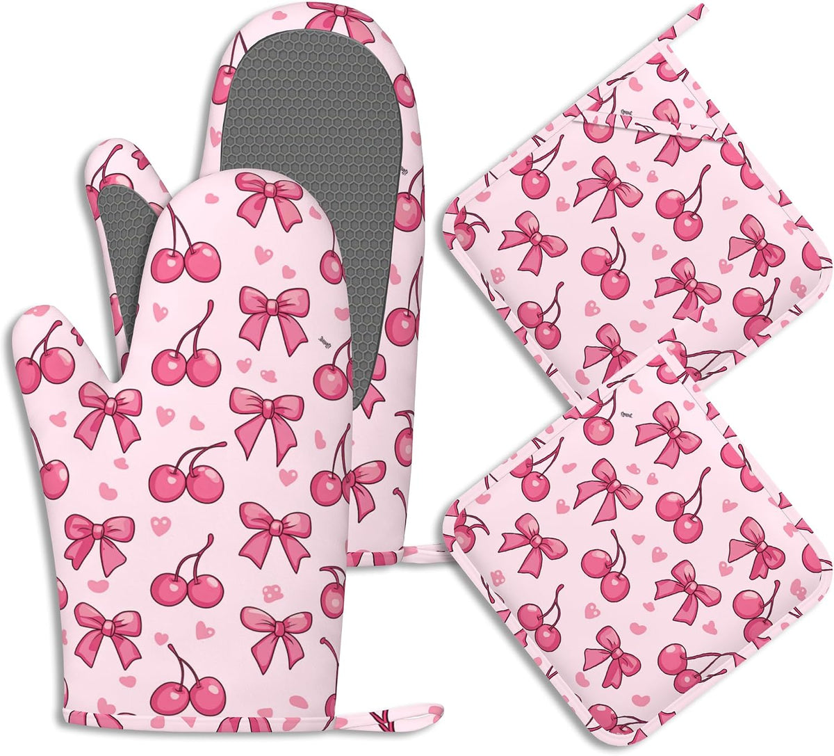 Cute Bows Cherry Oven Mitts and Pot Holders Sets of 4 Pink Love Heart Heat Resistant Silicone Oven Mits Gloves Non-Slip Kitchen Mittens Potholders for Cooking Baking Grilling BBQ