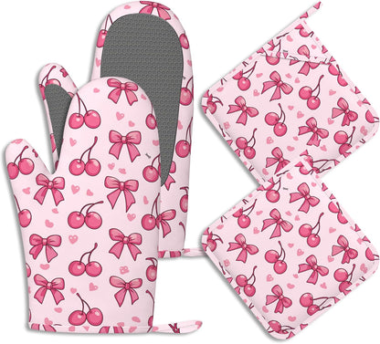 Cute Bows Cherry Oven Mitts and Pot Holders Sets of 4 Pink Love Heart Heat Resistant Silicone Oven Mits Gloves Non-Slip Kitchen Mittens Potholders for Cooking Baking Grilling BBQ