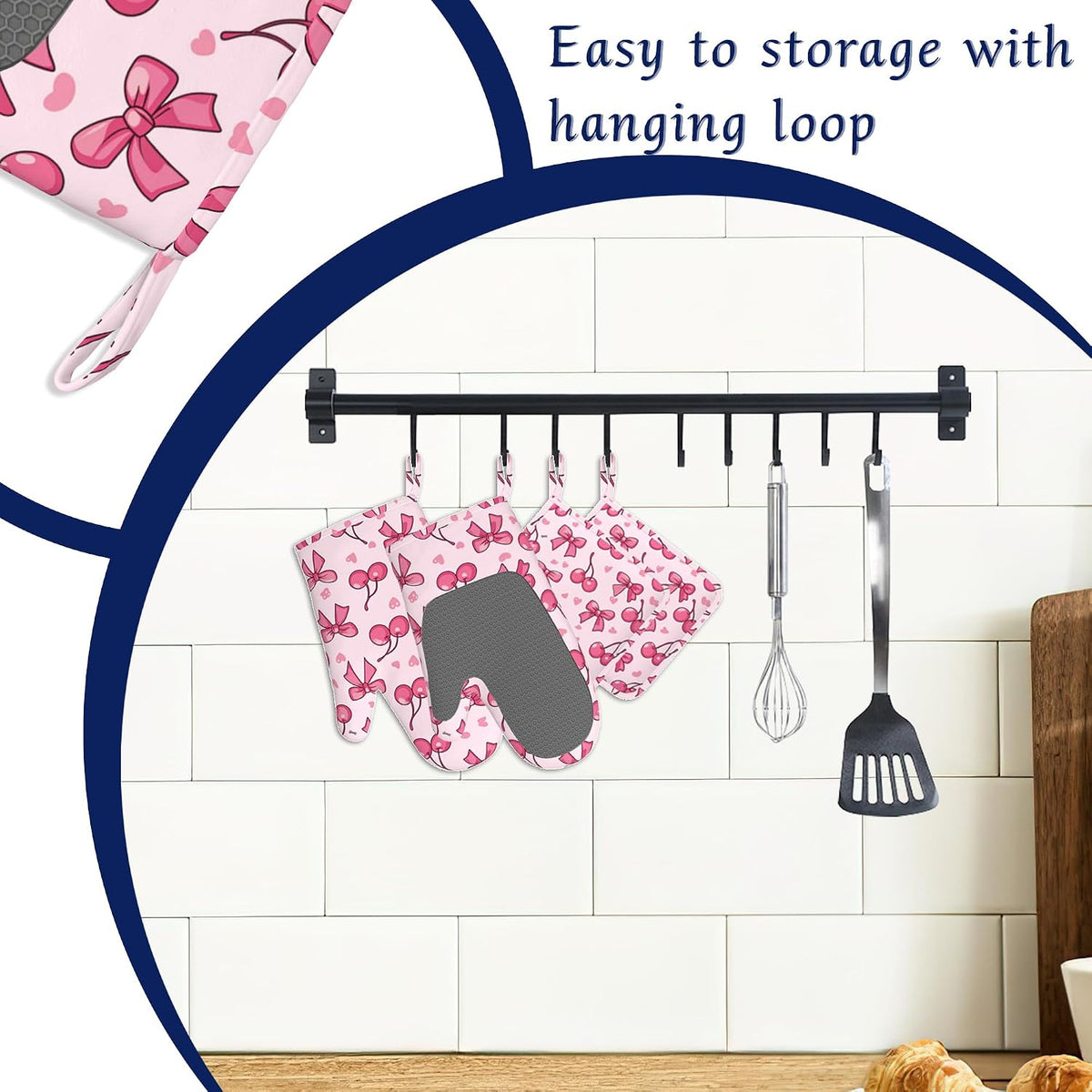 Cute Bows Cherry Oven Mitts and Pot Holders Sets of 4 Pink Love Heart Heat Resistant Silicone Oven Mits Gloves Non-Slip Kitchen Mittens Potholders for Cooking Baking Grilling BBQ