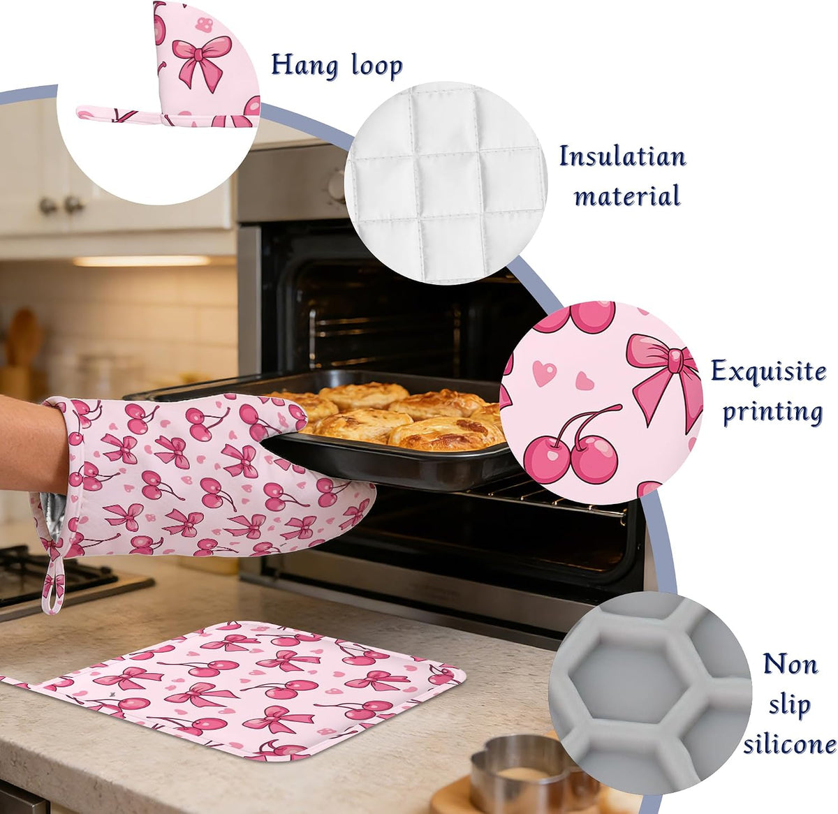 Cute Bows Cherry Oven Mitts and Pot Holders Sets of 4 Pink Love Heart Heat Resistant Silicone Oven Mits Gloves Non-Slip Kitchen Mittens Potholders for Cooking Baking Grilling BBQ