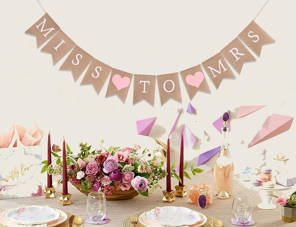 Miss to Mrs Burlap Banner - Pink Bridal Shower Decorations, Engagement Banner, Bachelorette Party Supplies