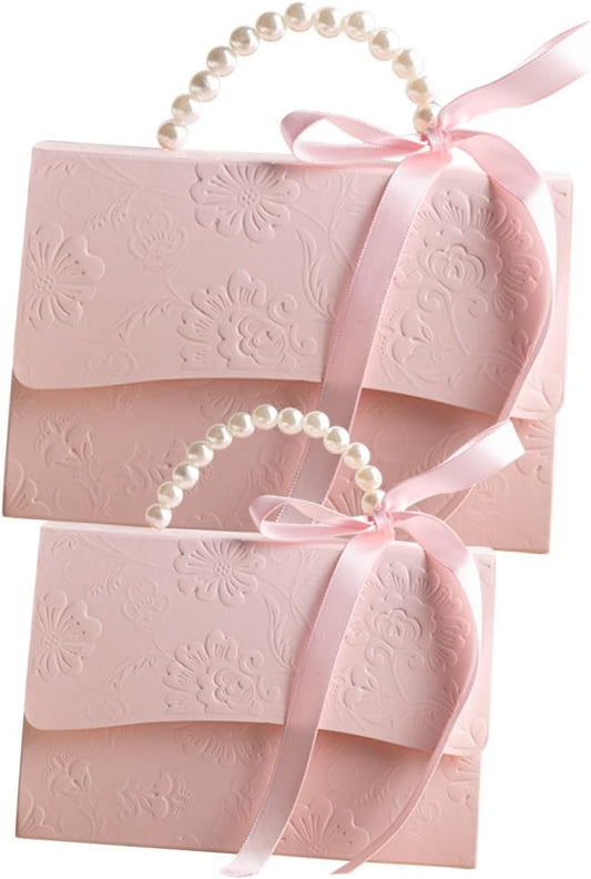 Delicate Box Set with Pearl Chain, Small Pink Wrapping Boxes Small Medium, Embossed Flower Design for Wedding Party Presents and Candy Packaging