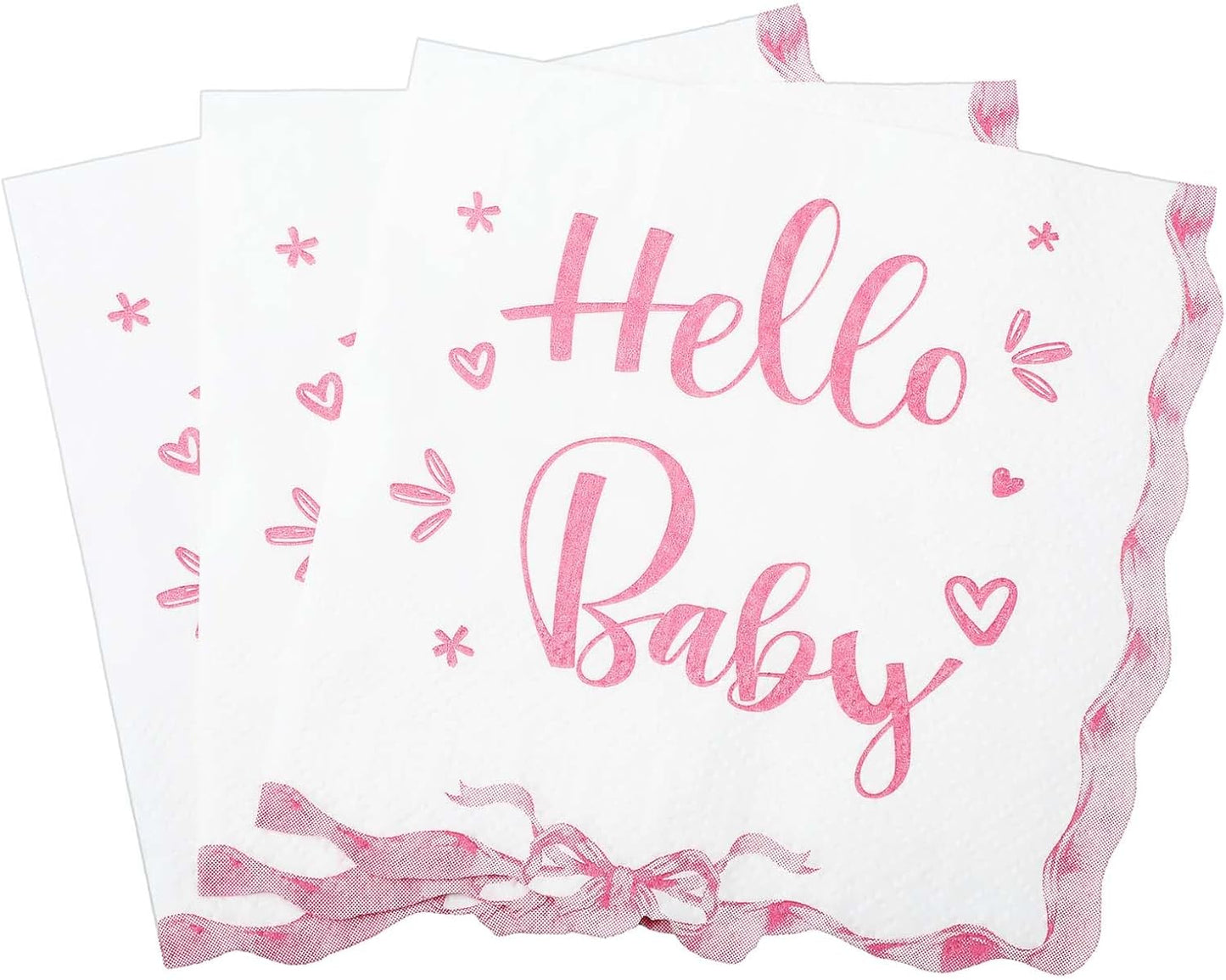 Crtiin 50 Pack Scalloped Baby Shower Napkins Pink Bow "hello Baby " Party Supplies 5 x 5 Inches 2 Ply Pink Bow Napkins for Girl Boy Birthday Party Decors